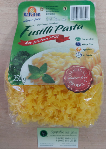 Макароны Fusilli Pasta Swiderki "Спиральки" низкобелковые Balviten, 250г Диетический продукт специального медицинского предназначения для диетического питания при фенилкетонурии (ФКУ). Продукт не содержит молоко и яйца. Безглютеновый, низкобелковый. Время приготовления составляет около 6-7 минут. На 100г продукта белки 